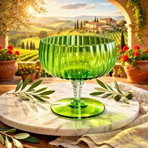 Vintage Empoli Green Ribbed Glass Pedestal Compote Bowl‎ Scalloped Rim